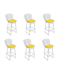 Kit 6 Banquetas Bertoia Cromada D70 Com Assento Sintético Amarelo