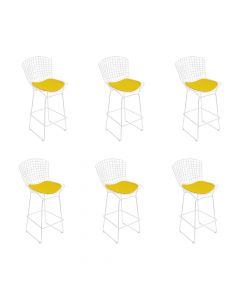 Kit 6 Banquetas Bertoia Branca D60 Com Assento Amarelo