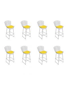 Kit 8 Banquetas Bertoia Cromada D70 Com Assento Sintético Amarelo