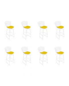 Kit 8 Banquetas Bertoia Branca D60 Com Assento Amarelo