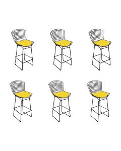 Kit 6 Banquetas Bertoia Preta D80 Com Assento Amarelo