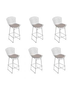 Kit 6 Banquetas Bertoia Cromada D70 Com Assento Sintético Bege