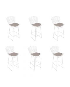 Kit 6 Banquetas Bertoia Branca D60 Com Assento Bege