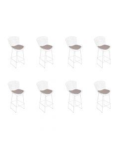 Kit 8 Banquetas Bertoia Branca D60 Com Assento Bege