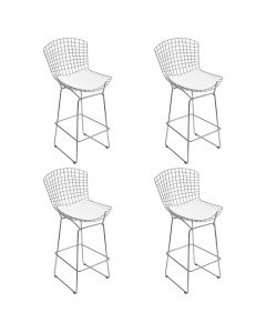 Kit 4 Banquetas Bertoia Cromada D70 Com Assento Sintético Branco