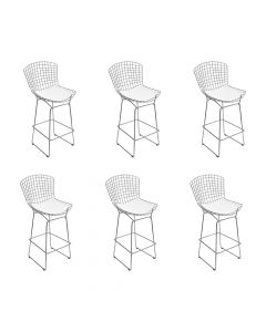 Kit 6 Banquetas Bertoia Cromada D70 Com Assento Sintético Branco