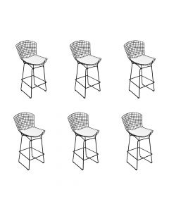 Kit 6 Banquetas Bertoia Preta D60 Com Assento Branco