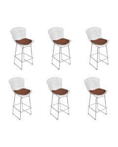 Kit 6 Banquetas Bertoia Cromada D70 Com Assento Sintético Marrom