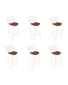 Kit 6 Banquetas Bertoia Branca D60 Com Assento Marrom