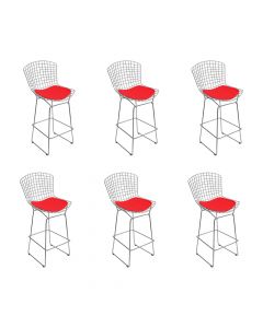 Kit 6 Banquetas Bertoia Cromada D70 Com Assento Sintético Vermelho