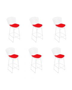 Kit 6 Banquetas Bertoia Branca D70 Com Assento Vermelho