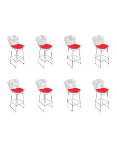 Kit 8 Banquetas Bertoia Cromada D70 Com Assento Sintético Vermelho