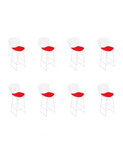 Kit 8 Banquetas Bertoia Branca D70 Com Assento Vermelho