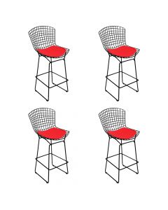 Kit 4 Banquetas Bertoia Preta D80 Com Assento Vermelho