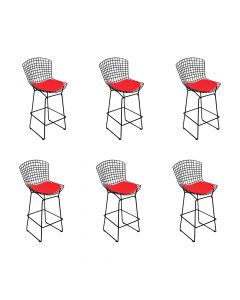 Kit 6 Banquetas Bertoia Preta D70 Com Assento Vermelho