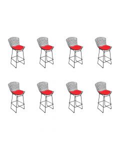 Kit 8 Banquetas Bertoia Preta D70 Com Assento Vermelho