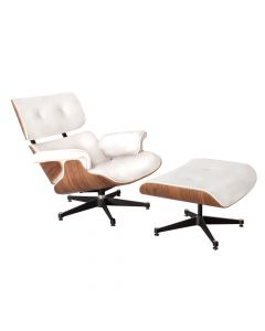 Poltrona Charles Eames Com Puff Couro Natural Branco