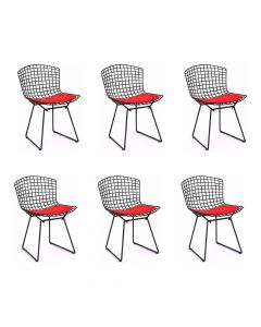 Kit 6 Cadeiras Bertoia Preta Com Assento Vermelho