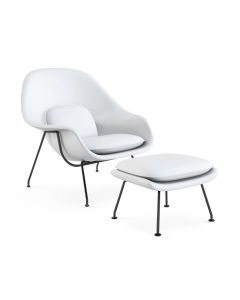 Poltrona Womb Chair Com Puff Base Preta Sintético Branco