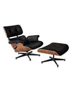 Poltrona Charles Eames Com Puff Couro Natural Preto