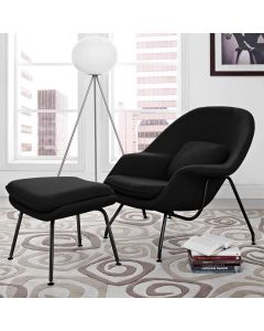 Poltrona Womb Chair Com Puff Base Preta Linho Preto