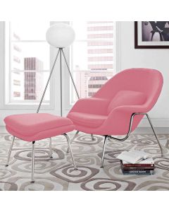 Poltrona Womb Chair Com Puff Cromada Linho Rosa