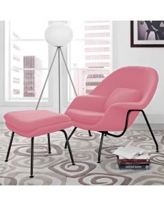 Poltrona Womb Chair Com Puff Base Preta Linho Rosa