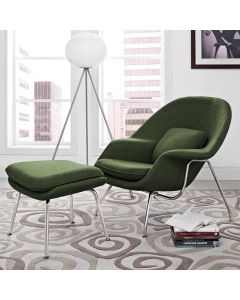 Poltrona Womb Chair Com Puff Cromada Linho Verde